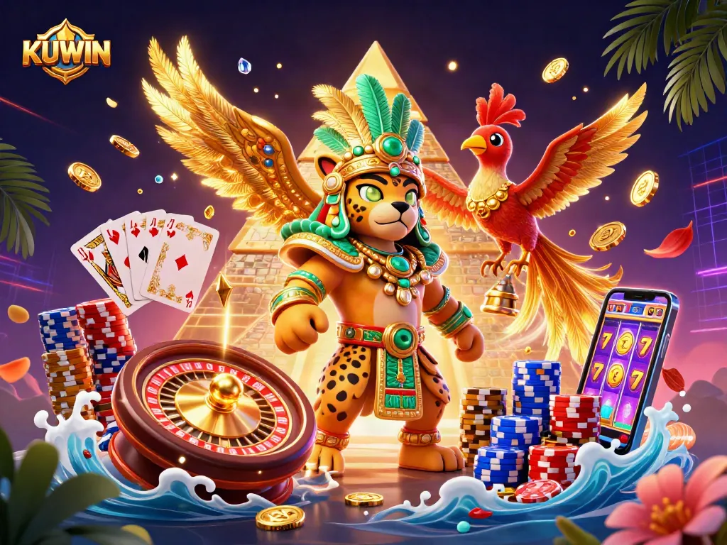 Spin the 3D KUWIN casino roulette wheel amidst colorful game elements.