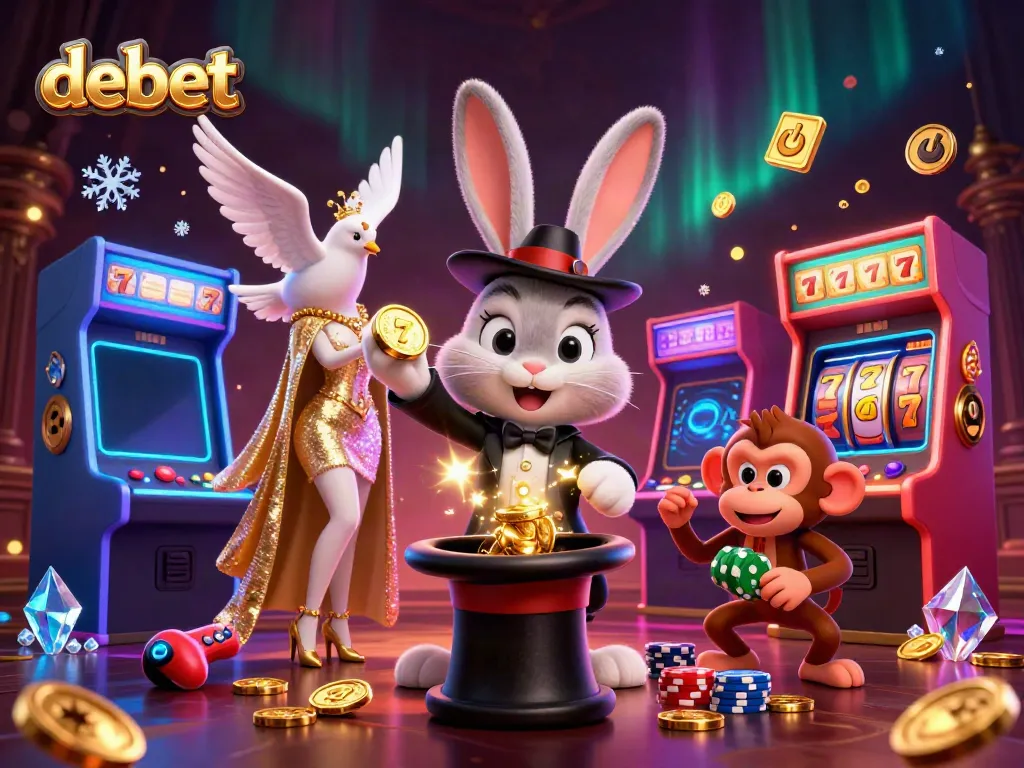 Experience debet's thrilling casino adventure with a magical rabbit and friends collecting coins.