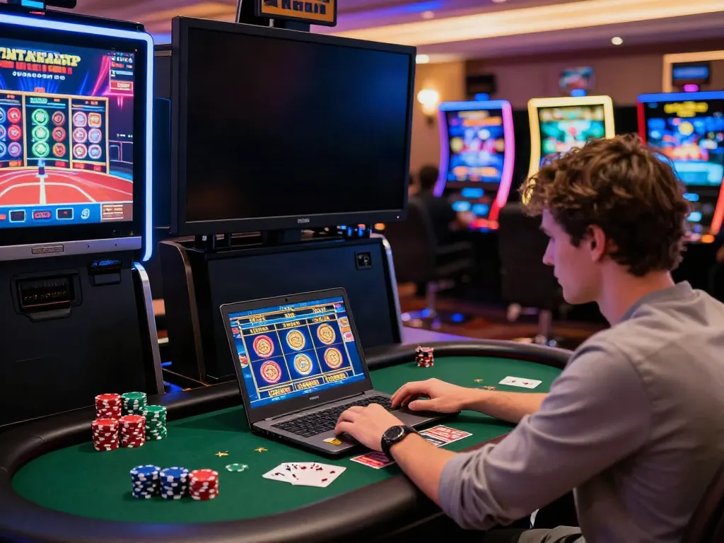 Player at non GamStop casinos UK enjoying colorful online slot games in a vibrant setting.