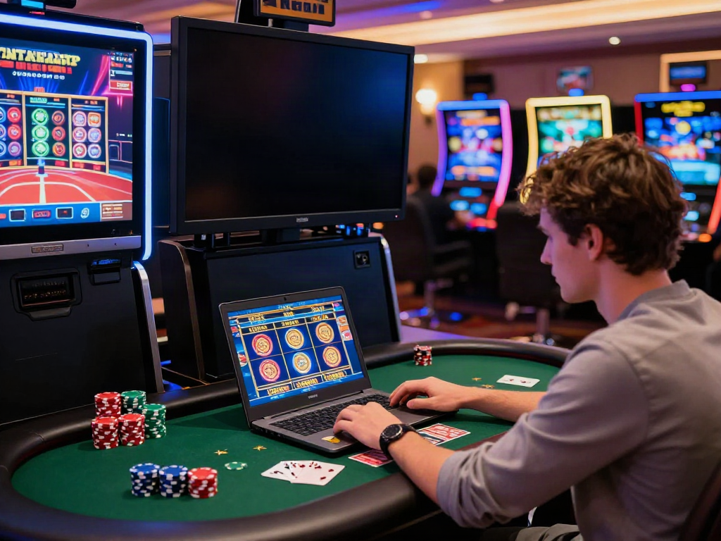 Player at non GamStop casinos UK enjoying colorful online slot games in a vibrant setting.