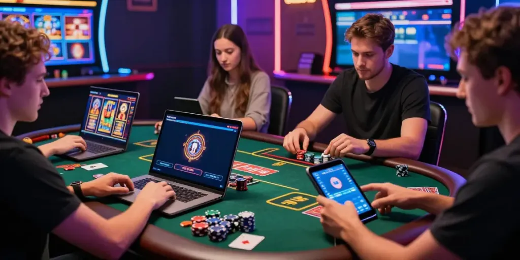 Exciting scene of players enjoying non gamstop casinos uk on diverse devices in a vibrant gaming environment.