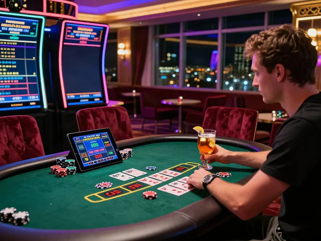 Engaging scene of non gamstop casinos UK featuring a player enjoying live dealer blackjack amidst vibrant casino ambiance.