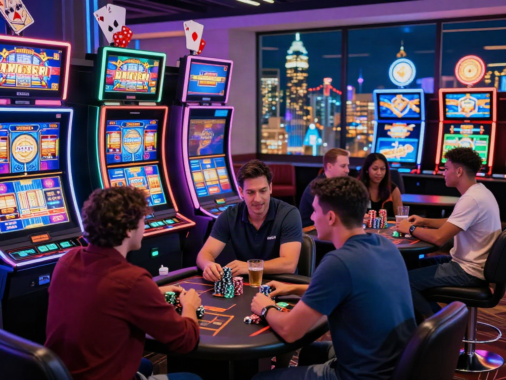 Engaging non Gamstop casinos UK scene with diverse players at colorful gaming tables and vibrant casino lights.
