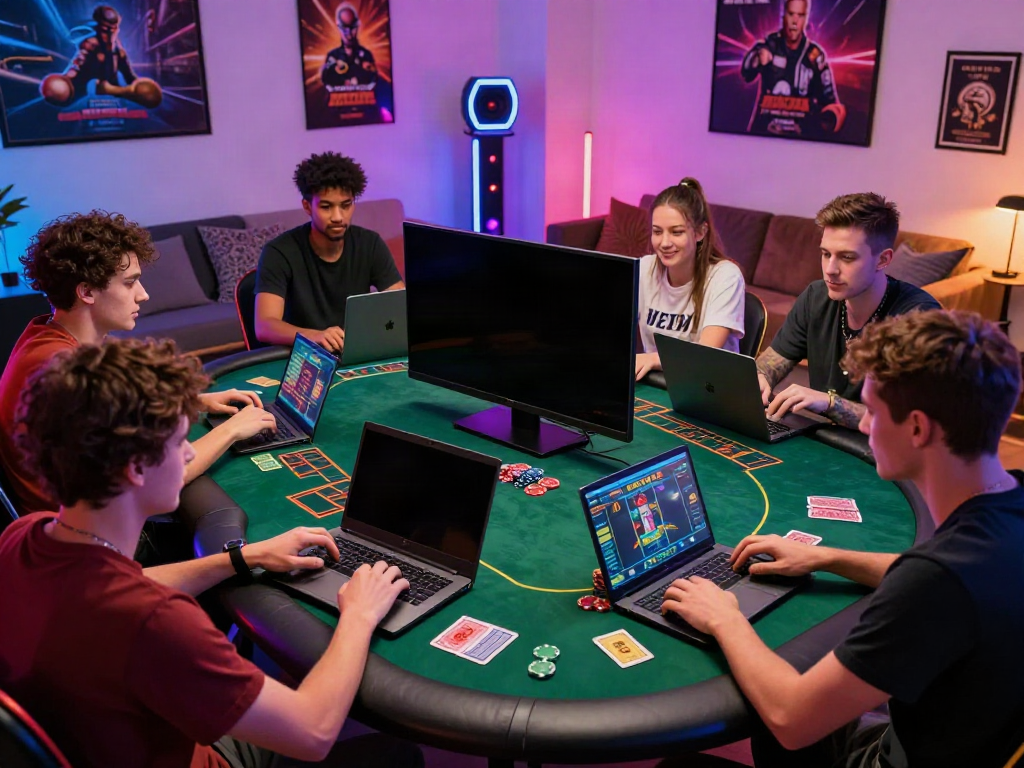 Exciting gaming session among friends exploring non Gamstop casinos UK with vibrant decor and virtual games.