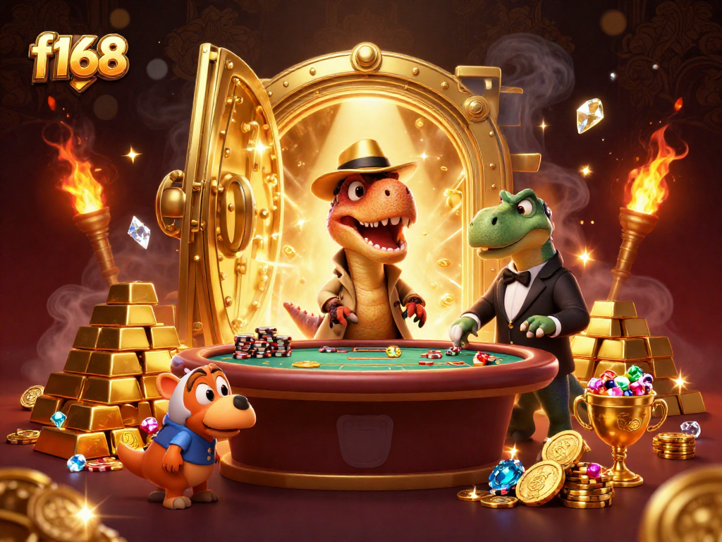 Engage in f168 gaming excitement with a velociraptor card counter at blackjack table amidst treasure.