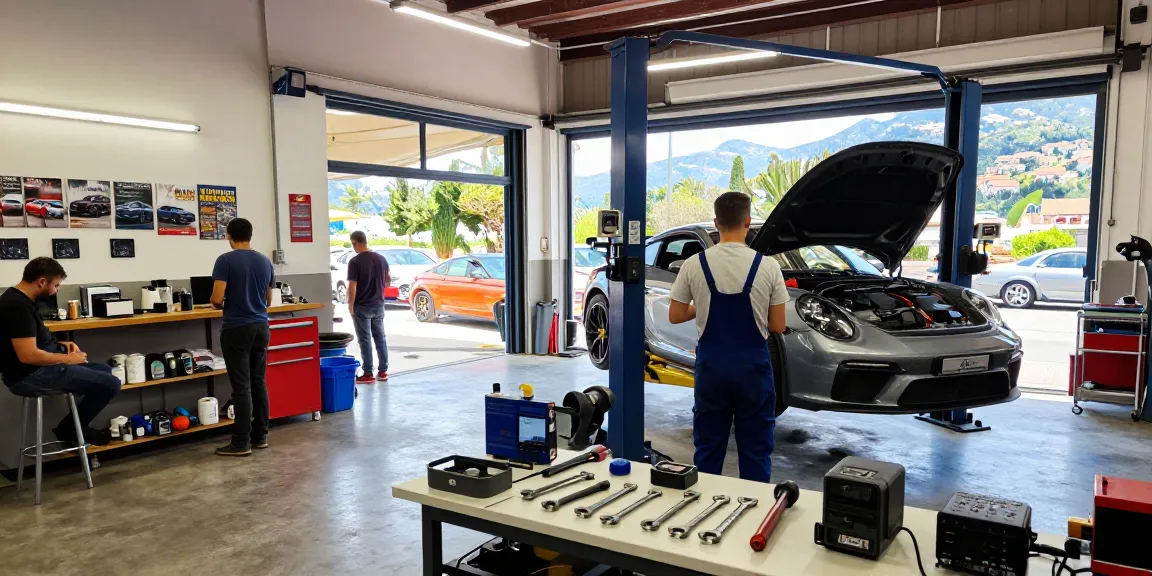 Services at Mediterenien Mecanic Shop with a mechanic inspecting a sports car in a vibrant workspace.
