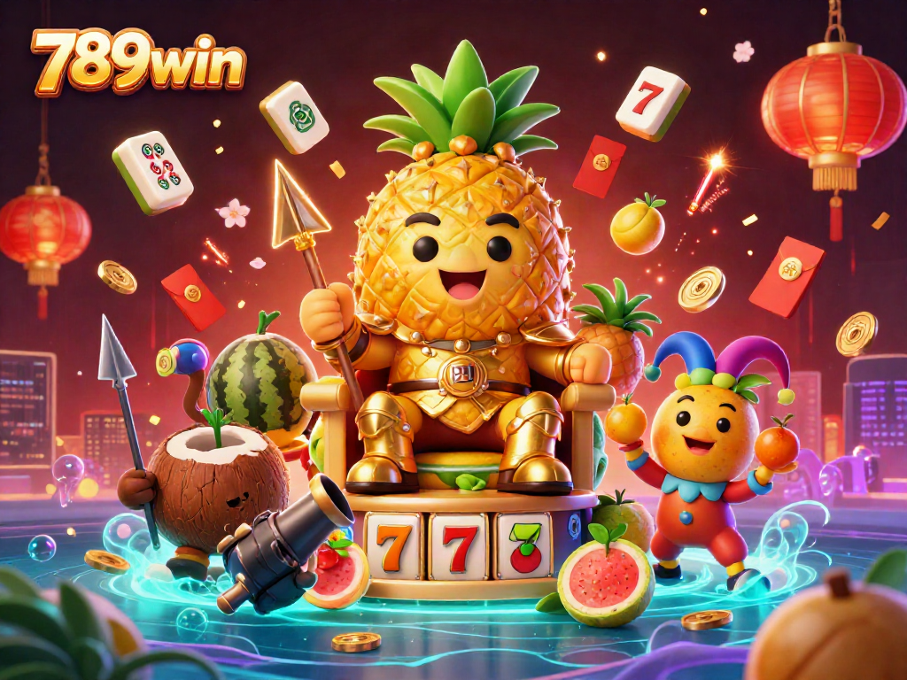 Join the fun at 789win with a vibrant casino scene featuring a golden pineapple king and exciting games.