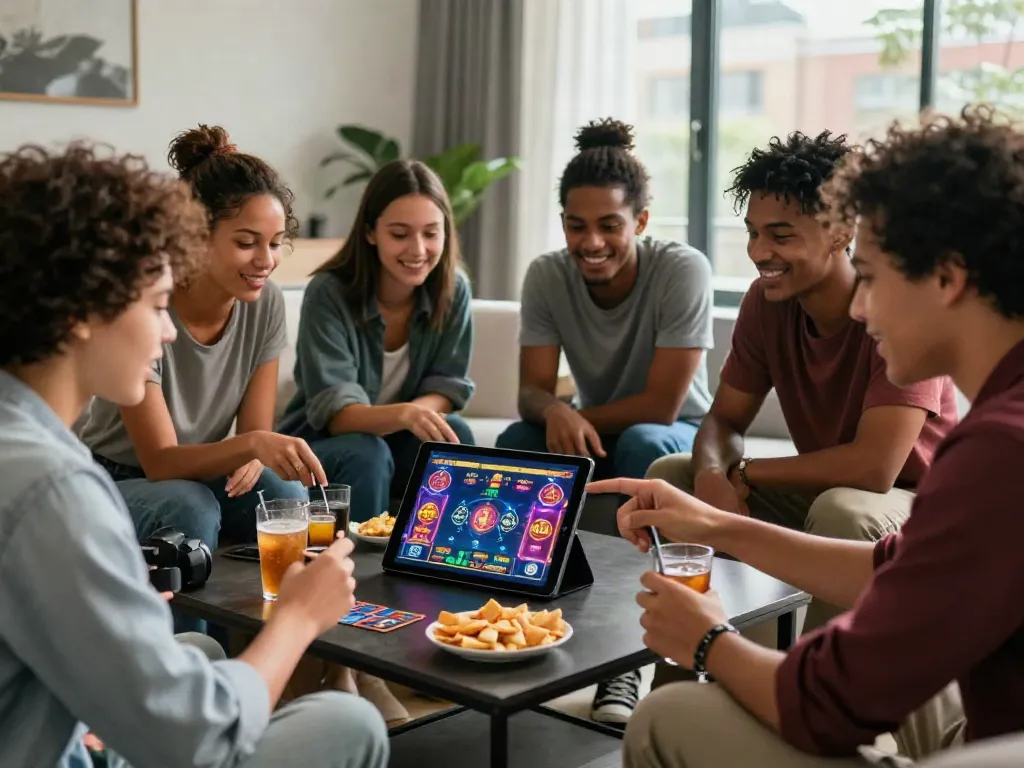 Friends enjoying non gamstop casinos uk together in a vibrant home lounge