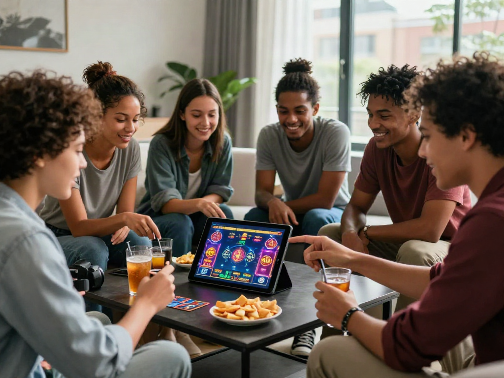 Friends enjoying non gamstop casinos uk together in a vibrant home lounge