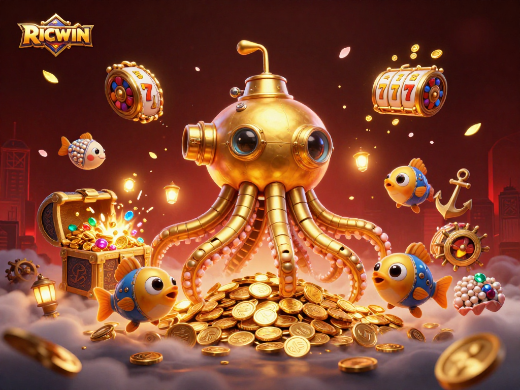 Experience RICWIN at an energetic online casino with vivid golden kraken and treasure amidst vibrant slot elements.
