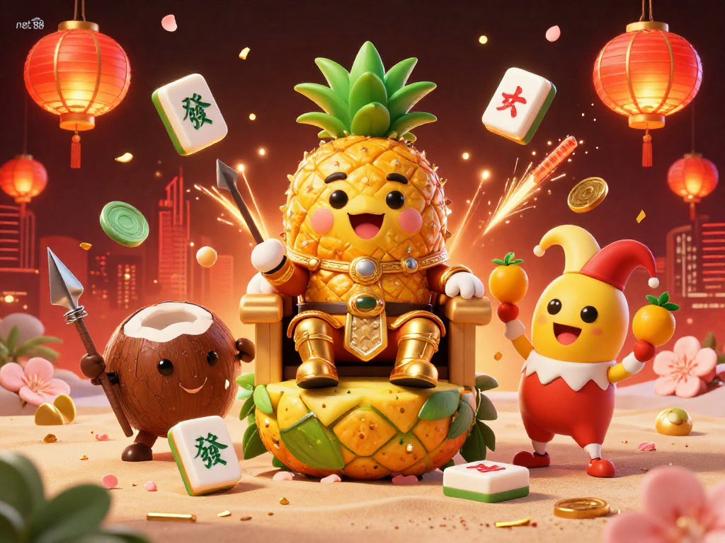 Engage with net 88's lively casino scene featuring a golden pineapple king and dynamic game elements.