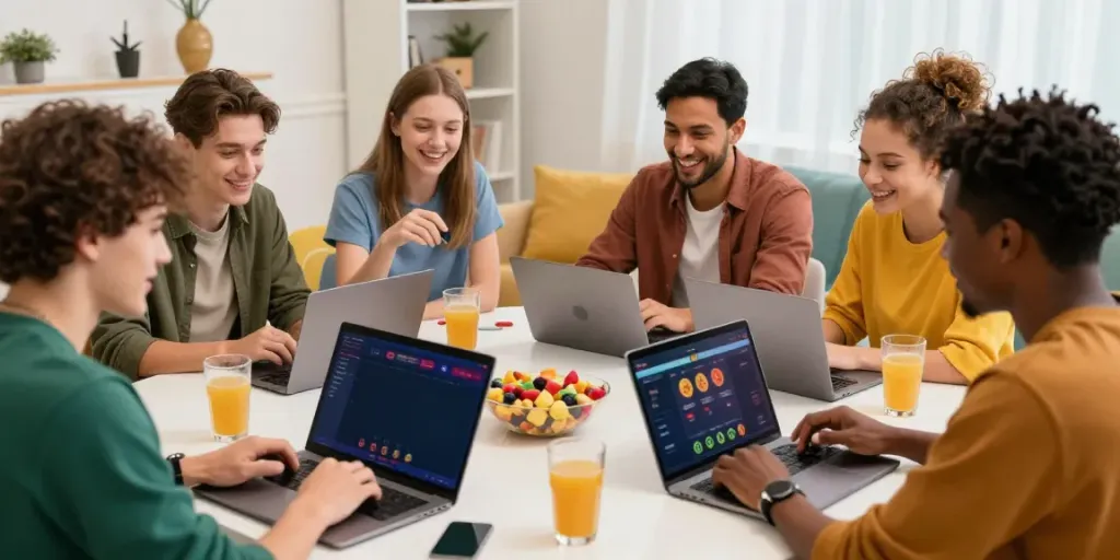 Group of friends playing at non gamstop casinos uk online, lively game night atmosphere with snacks.