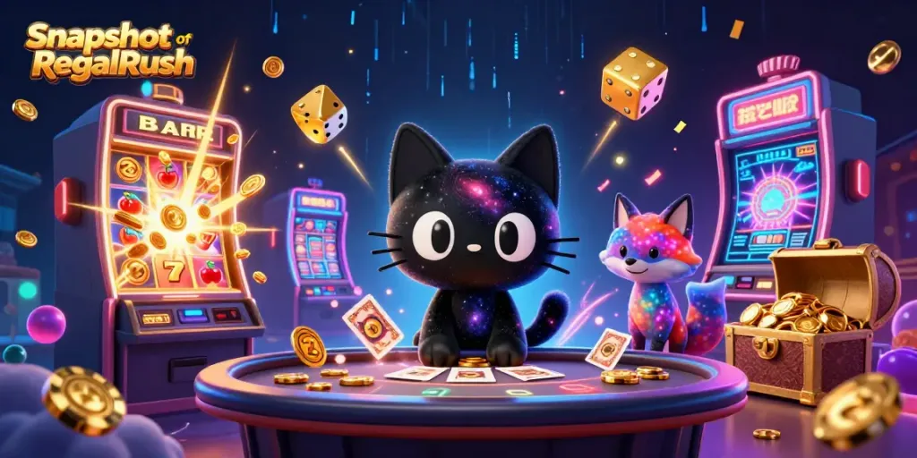 Engage in thrilling gaming action with a snapshot of RegalRush, depicting a cosmic casino scene.