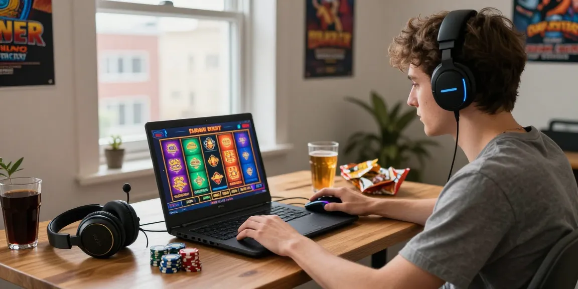 Player exploring non Gamstop casinos UK online, showcasing gaming laptop and vibrant accessories.