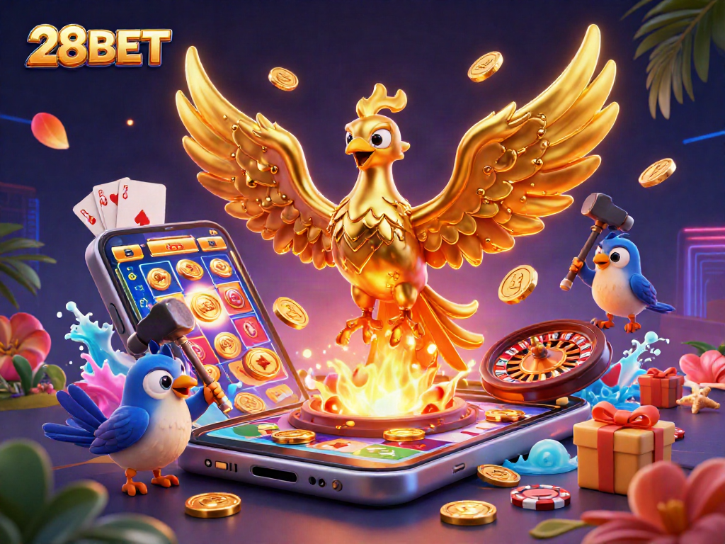 Experience thrilling gaming action with 28BET’s vibrant casino scene, featuring molten gold phoenixes and exciting slots.