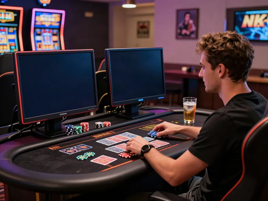 Engaging scene of a player at a stylish setup exploring non gamstop casinos UK.