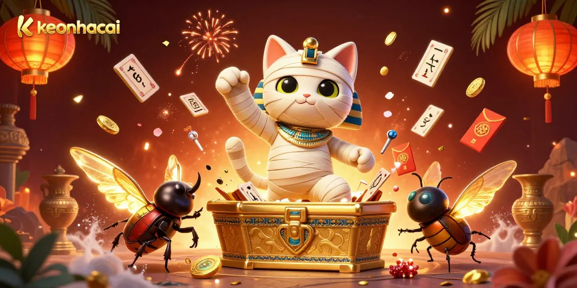 Engage with keonhacai in this vibrant casino scene featuring an Egyptian mummy cat and a scarab beetle.