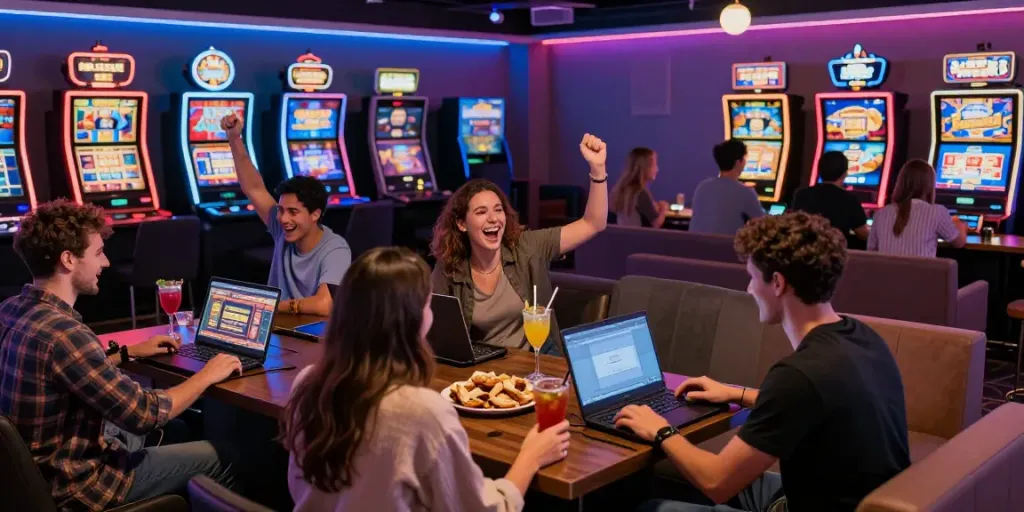 Engaging atmosphere at non gamstop casinos UK gaming lounge with friends celebrating wins.