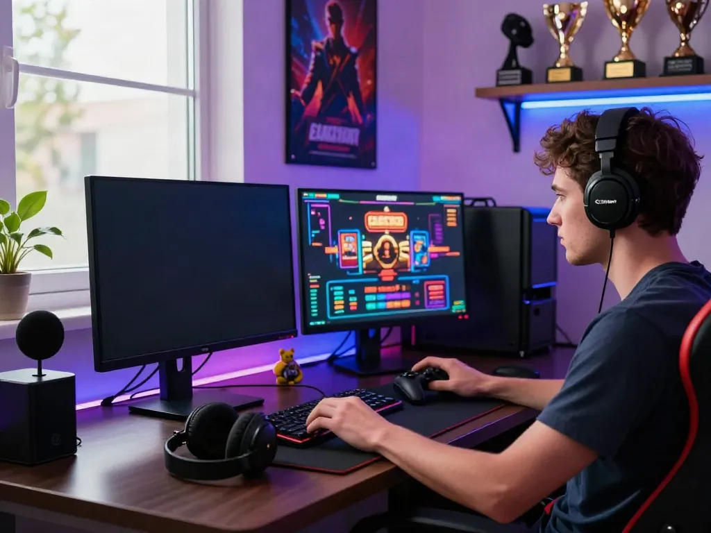 Engaging scene of a player enjoying non gamstop casinos uk from a stylish home office, showcasing a vibrant gaming setup.