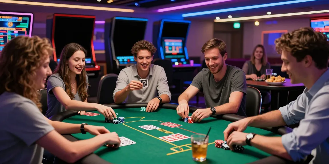 Friends enjoying non gamstop casinos uk at a lively poker table.
