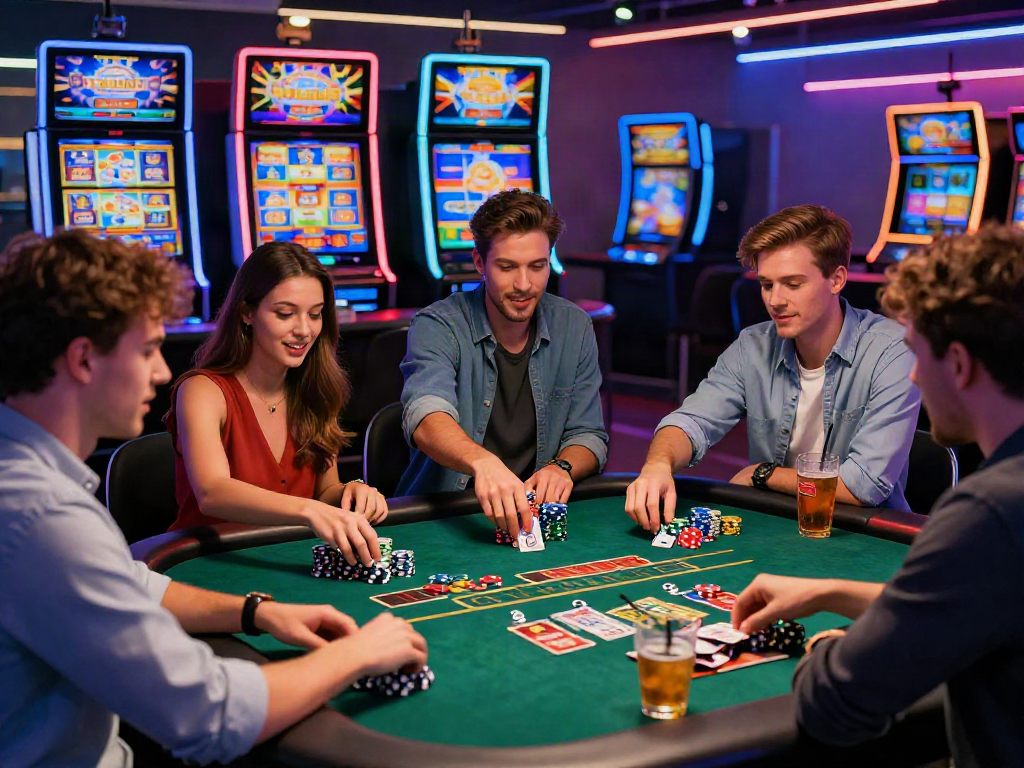 Exciting social gaming experience at non GamStop casinos UK with friends enjoying vibrant casino atmosphere.
