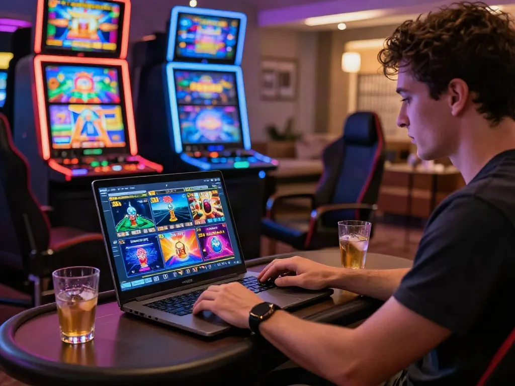 Engaging scene of a player at non Gamstop casinos UK, featuring online gaming setup and vibrant atmosphere.