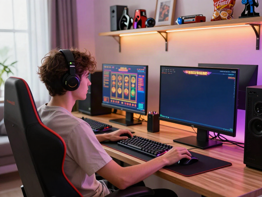 Engaging online gaming environment showcasing non gamstop casinos uk, featuring vibrant slot graphics and a young adult gamer.