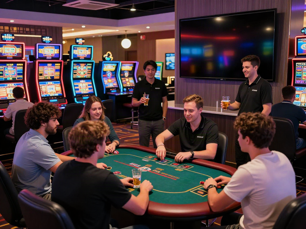 Vibrant atmosphere of non Gamstop casinos UK with players enjoying slots, poker tables, and lively interactions.