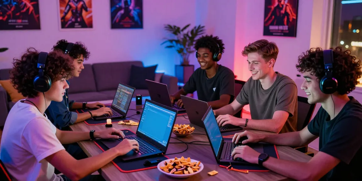 Friends enjoying gaming with phones and laptops focused on non GamStop casinos UK