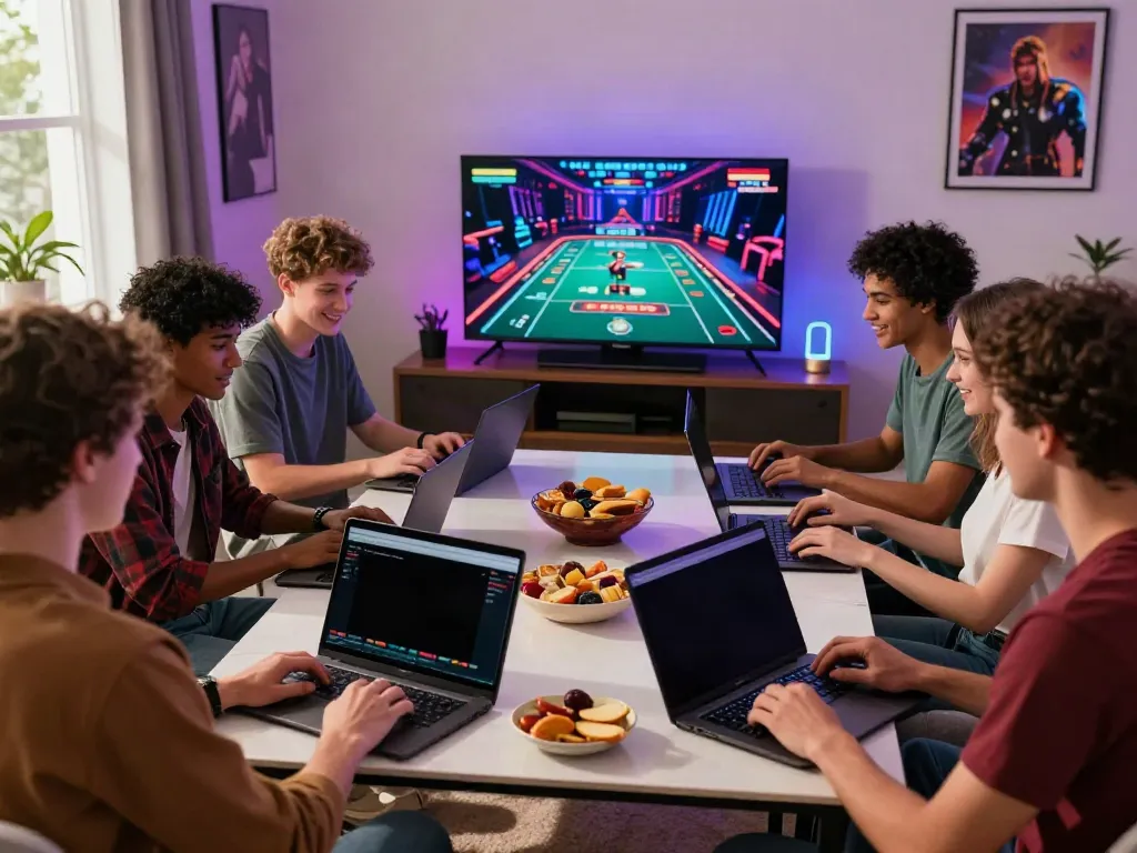 Engaging online gaming scene with friends exploring non gamstop casinos UK in a stylish living room.
