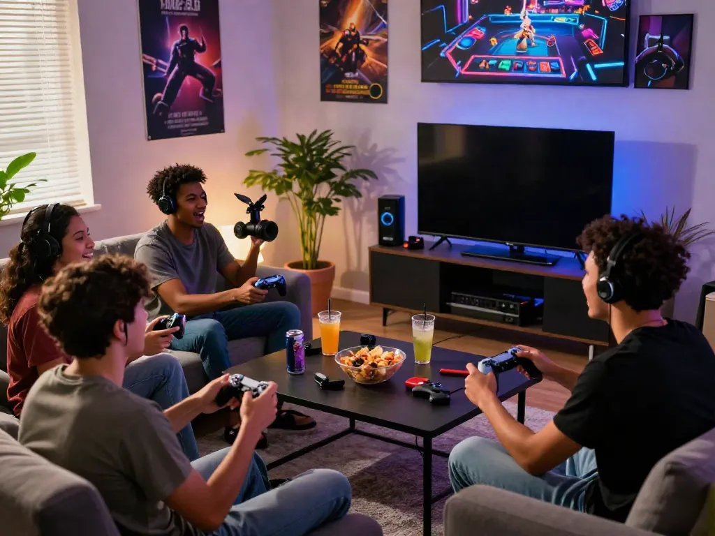 Group of friends enjoying non gamstop casinos uk gaming experience in a cozy living room.