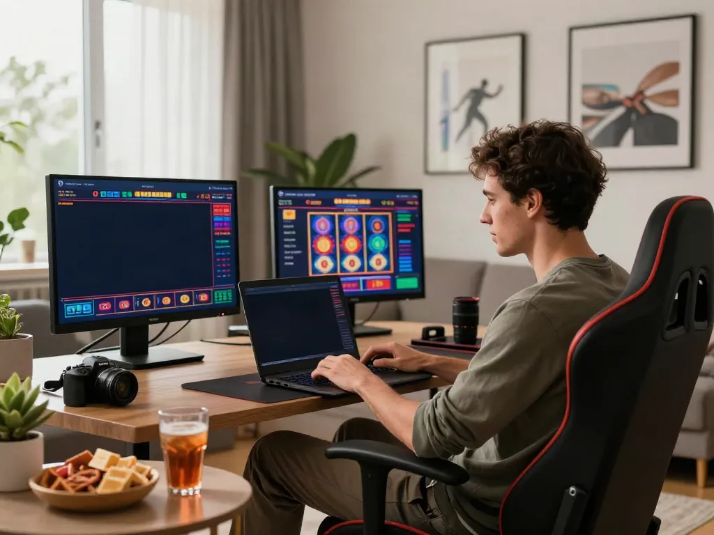 Exciting gaming moment at non gamstop casinos UK, featuring a stylish player engaged with colorful online slots.
