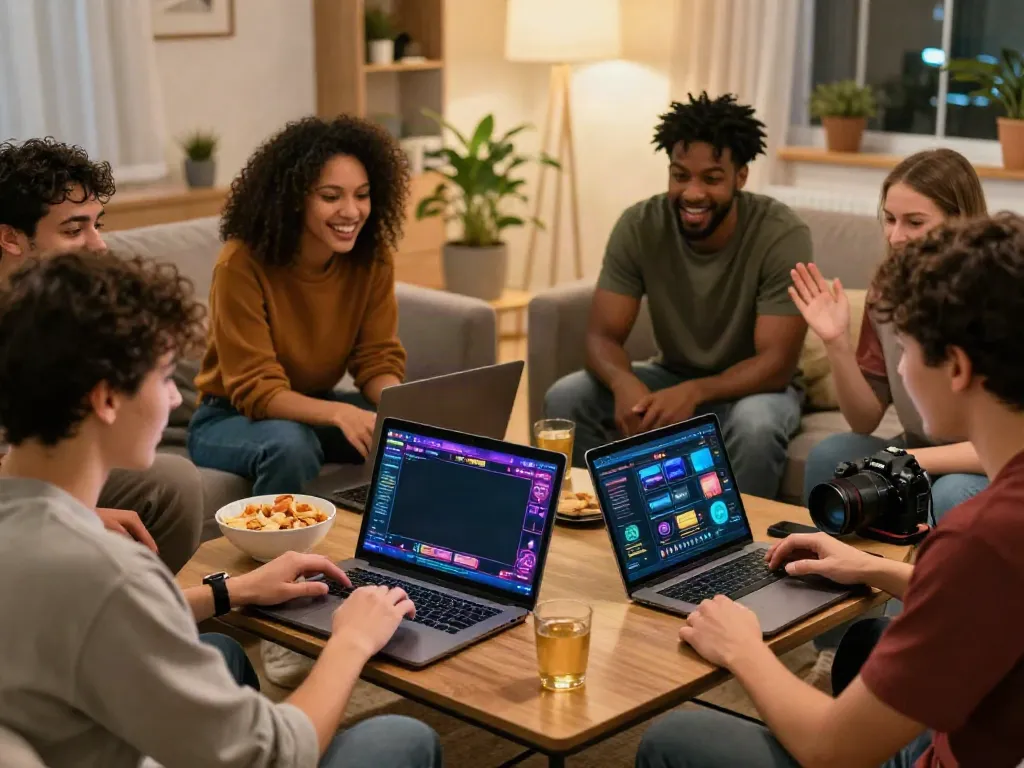 Excited friends exploring non GamStop casinos UK options online in a cozy living room.
