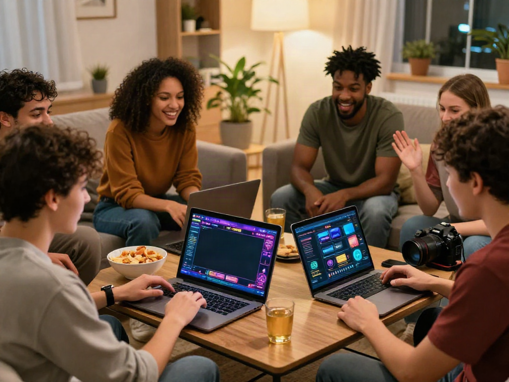 Excited friends exploring non GamStop casinos UK options online in a cozy living room.