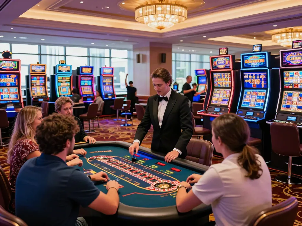 Non GamStop casinos UK vibrant gaming scene with players enjoying roulette and slots in a modern setting.