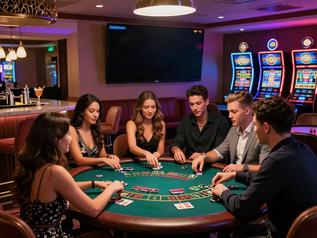 Friends enjoying gaming at non GamStop casinos UK in a vibrant lounge.