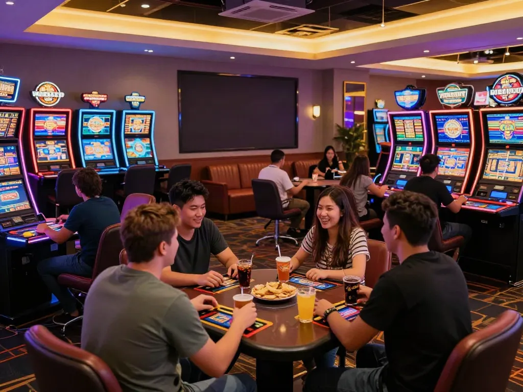 Exciting non GamStop casinos UK gaming scene with players engaged at vibrant tables and slot machines.