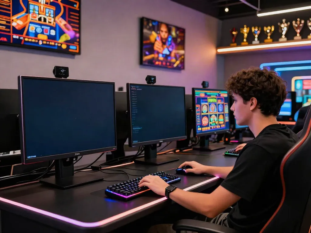 Exciting non gamstop casinos uk gaming atmosphere with vibrant slot displays and gaming gear.