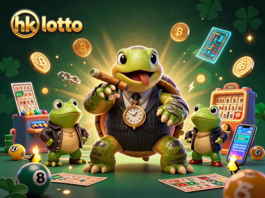 Win big with hk lotto in a vibrant lottery scene featuring cartoon turtle and bullfrogs.