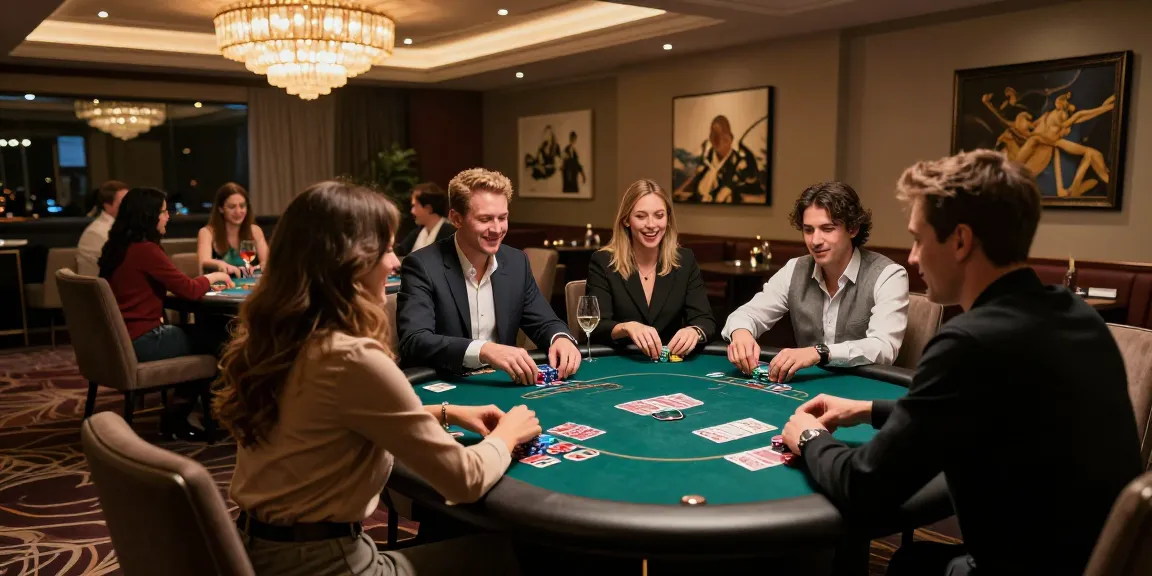 A thrilling scene at non Gamstop casinos UK with friends playing poker in an elegant atmosphere.