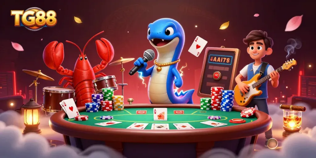 Experience the electrifying atmosphere of TG88 with vibrant underwater casino elements and dynamic characters.