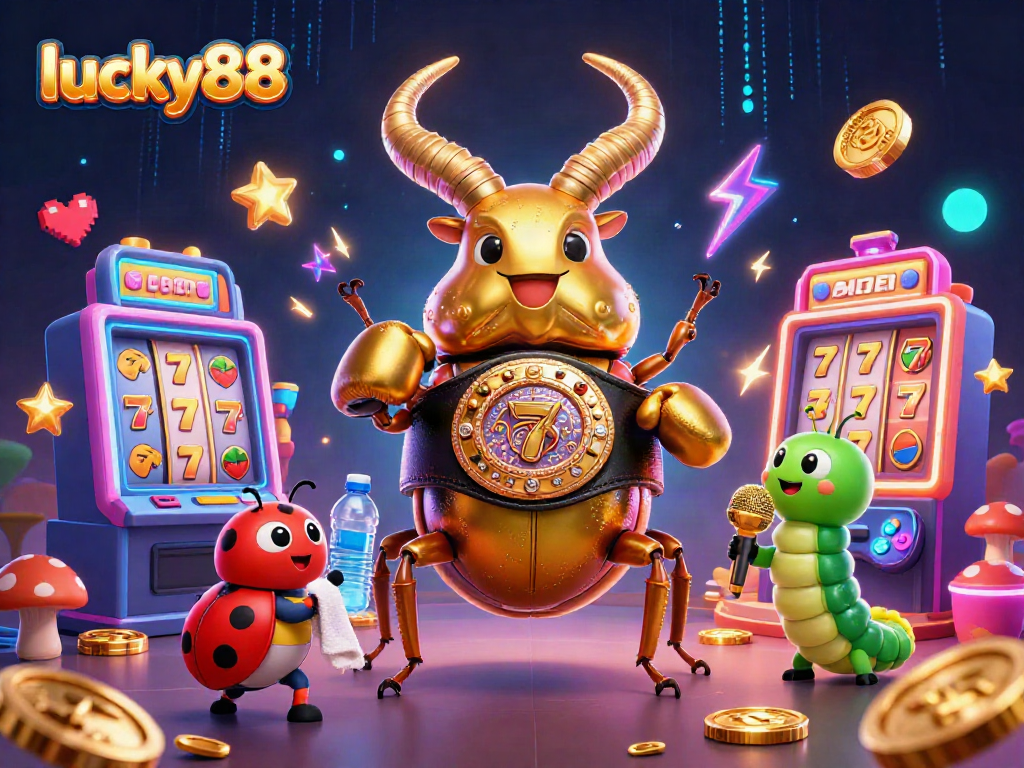 Experience lucky88 excitement with a vibrant 3D scene featuring a giant golden stag beetle in a championship boxing setting amidst slot machines.