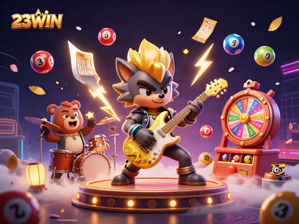 Engage in exciting games at 23WIN with a dynamic casino-themed 3D illustration.
