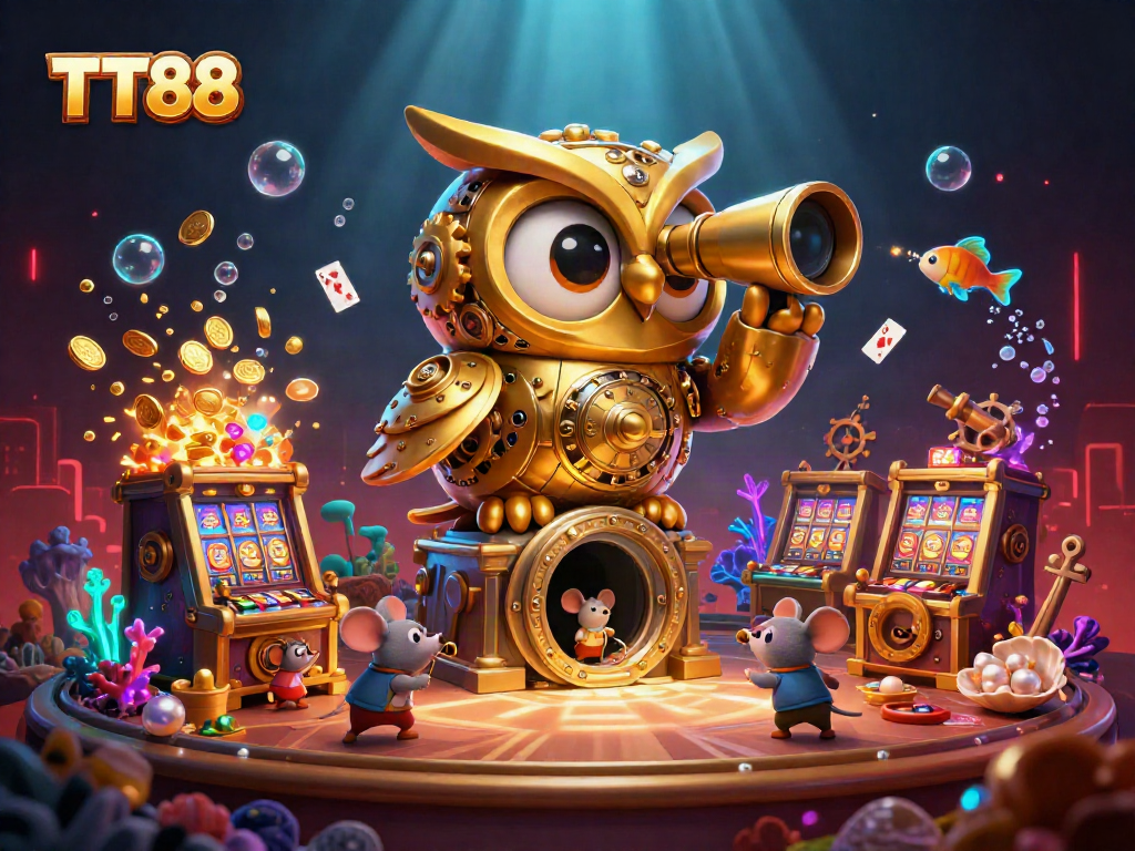 Engage in thrilling casinos with TT88, featuring an owl and vibrant gaming elements.