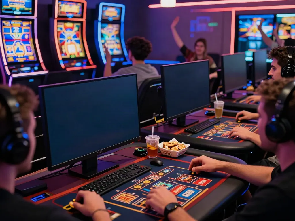 Engaged players at non gamstop casinos UK enjoying vibrant online gaming atmosphere with colorful interfaces.