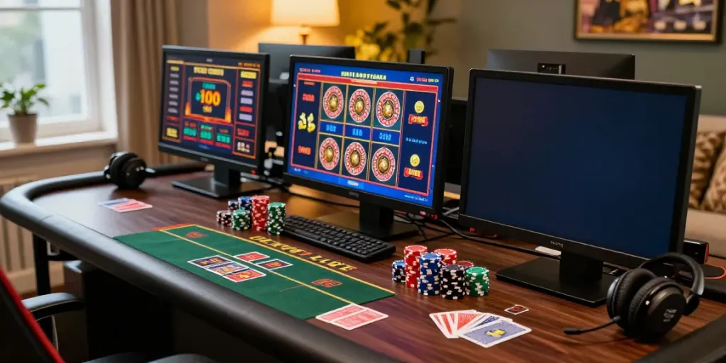 Experience the thrill of non gamstop casinos uk with a vibrant gaming setup, featuring casino games and cozy ambiance.