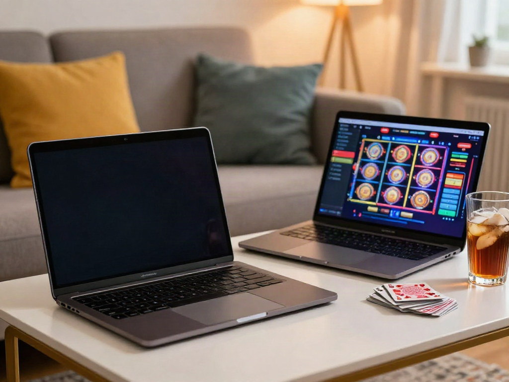 Engaging non Gamstop casinos uk gaming atmosphere with smartphone app and laptop.
