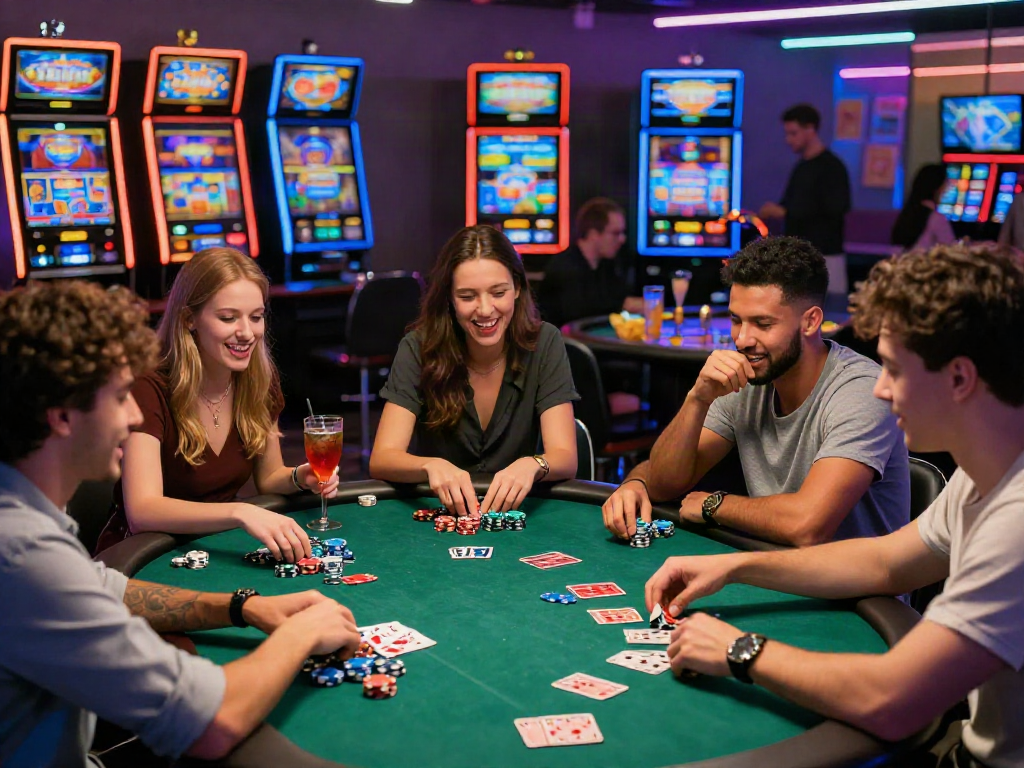 Friends enjoying games at non gamstop casinos uk, vibrant atmosphere and fun.