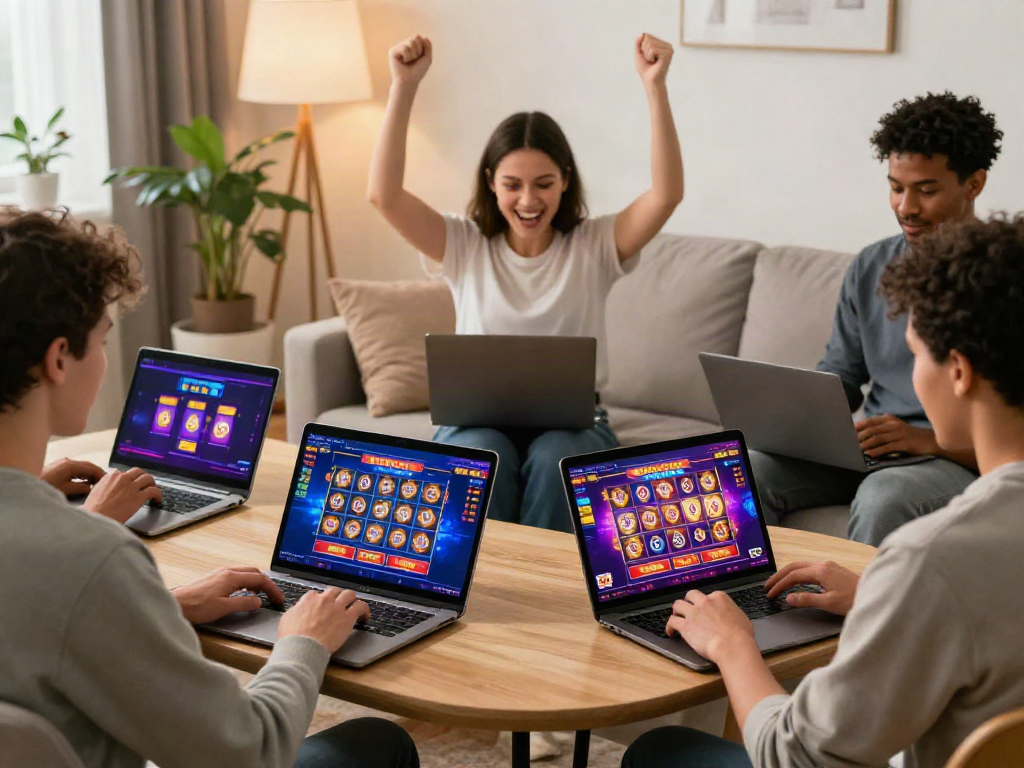 Exciting scene of players enjoying non Gamstop casinos UK games on laptops and tablets at home.