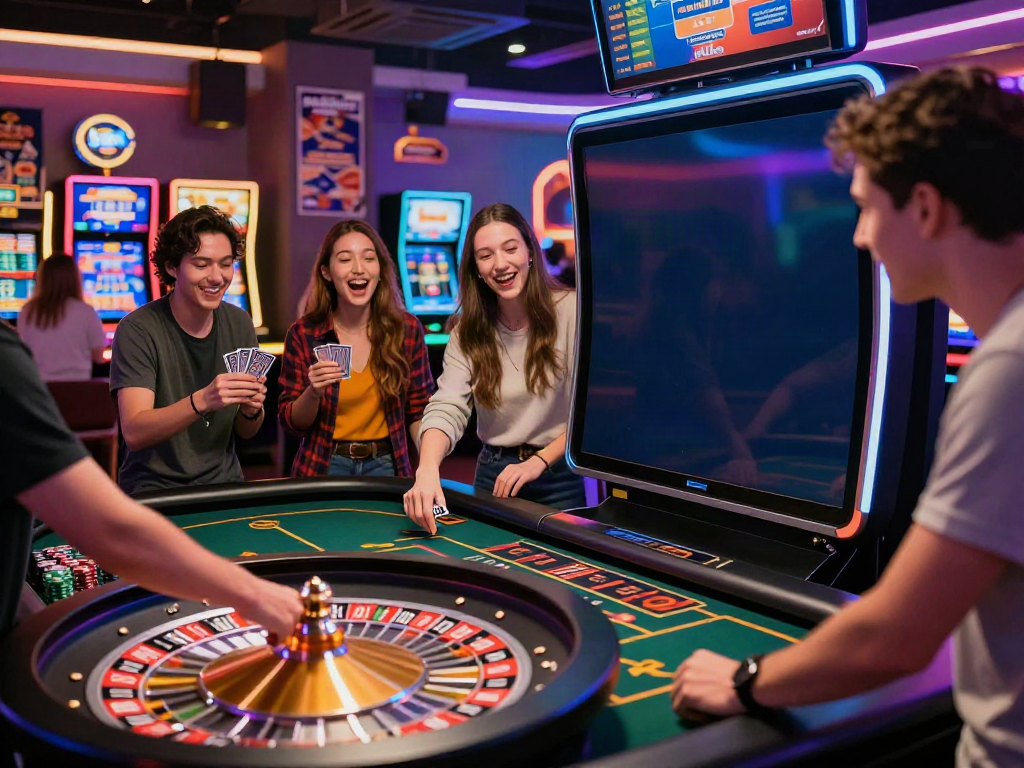 Friends enjoying games at non Gamstop casinos UK with vibrant atmosphere.
